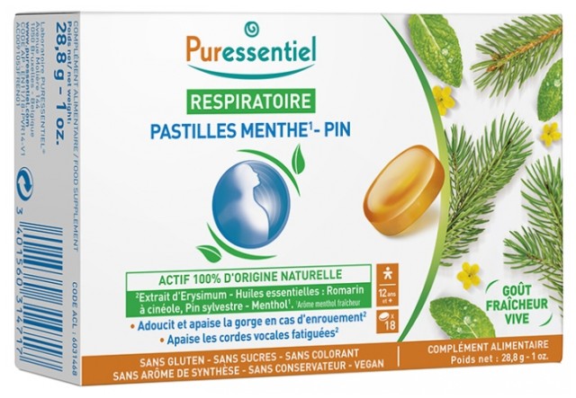 Puressentiel Respiratory Pine-Mint Lozenges Παστίλιες για τον Πονόλαιμο με Γεύση Μέντα - Πεύκο 18 Τεμάχια