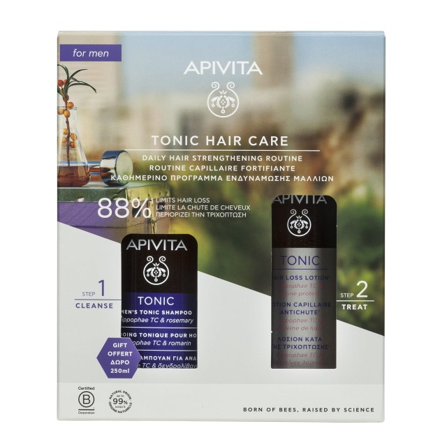 Apivita PROMO Mens Hair Loss Lotion 150ml - GIFT Tonic Shampoo Against Male Hair Loss with Hippophae TC Rosemary 250ml