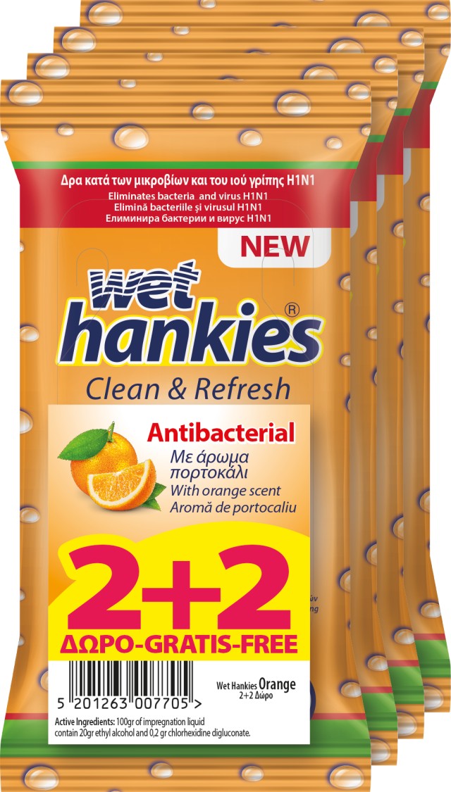 Wet Hankies Υγρά Αντιβακτηριδιακά Μαντηλάκια Χεριών με Άρωμα Πορτοκάλι Clean & Protect Antibacterial Orange 2+2 ΔΩΡΟ [4x15 Τεμάχια]