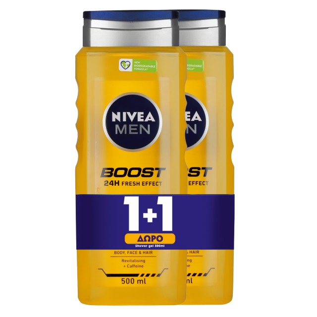 Nivea Men PROMO Boost Shower Ανδρικό Gel Αφρόλουτρο με Καφεΐνη 2x500ml