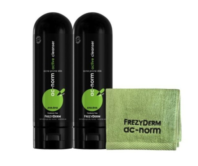Frezyderm PROMO AC Norm Active Cleanser Υγρό Καθαρισμού Προσώπου για Ακνεϊκές Επιδερμίδες 2x200ml -  ΔΩΡΟ Αντιβακτηριακή Πετσέτα Προσώπου Πράσινη