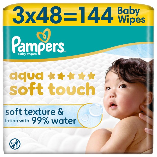 Pampers PROMO Aqua Soft Touch Μωρομάντηλα με 99% Νερό 144 Τεμάχια [3 Π &hellip;