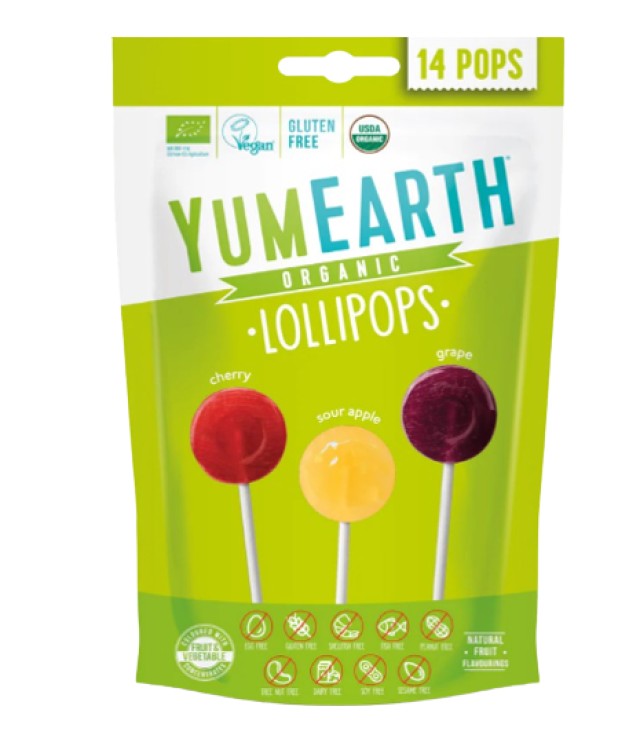 YumEarth Organic Lolli Pops Βιολογικά Γλειφιτζούρια Κεράσι - Μήλο - Σταφύλι 14 Τεμάχια