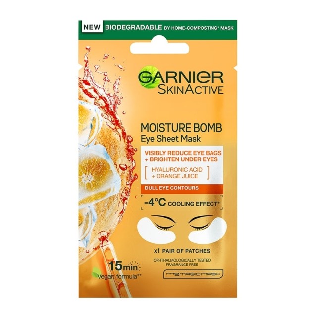 Garnier Moisture Bomb Eye Tissue Mask Υφασμάτινη Μάσκα Ματιών Ενυδάτωσης Κατά των Μαύρων Κύκλων με Πορτοκάλι και Υαλουρονικό Οξύ 6gr