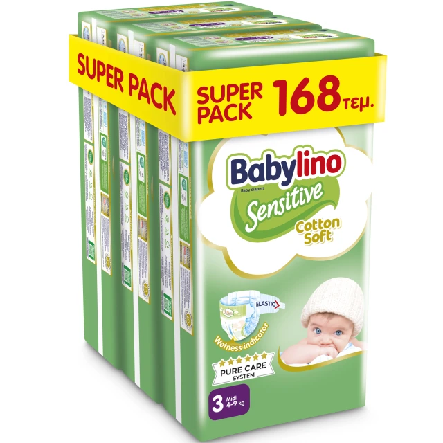 Babylino Sensitive Cotton Soft Diapers No3 Midi [4-9kg] Super Pack 168 …