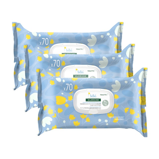 Klorane Bebe Trio Lingettes Wipes Μωρομάντηλα 3x70Τεμάχια