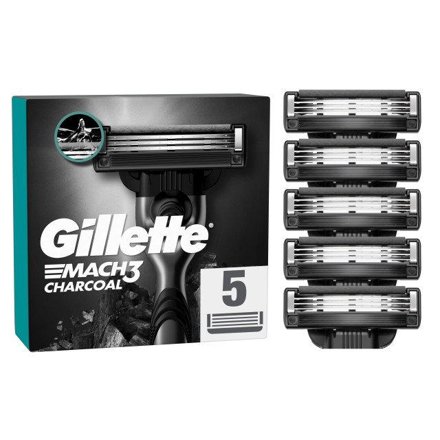 Gillette Mach3 Charcoal Ανταλλακτικές Κεφαλές Ξυριστικής Μηχανής με Ενεργό Άνθρακα 5 Τεμάχια