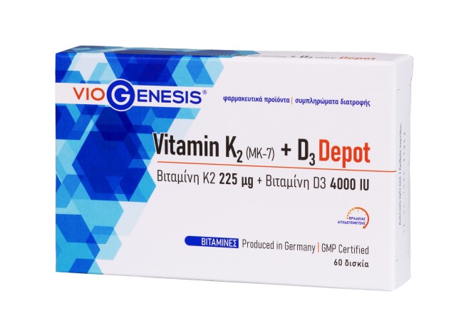 VioGenesis Vitamin K2 [MK-7] 225μg + Vitamin D3 4000IU Depot Συμπλήρωμα Διατροφής για τα Οστά - Δόντια και το Ανοσοποιητικό Σύστημα 60 Δισκία