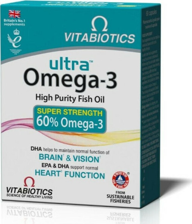 Vitabiotics Ultra Omega 3 Super Strength Συμπλήρωμα Διατροφής με Ιχθυέλαιο και Ωμέγα 3 Λιπαρά Οξέα 60 Μαλακές Κάψουλες