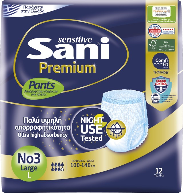 Sani Sensitive Premium Pants No3 Large Ελαστικό Εσώρουχο Ακράτειας 12 Τεμάχια [86296]