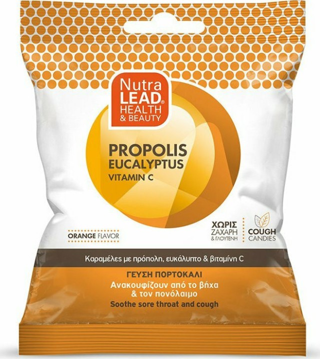 NutraLead Propolis Eucalyptus + Vitamin C Καραμέλες Με Γεύση Πορτοκάλι Ανακουφίζουν Από Τον Βήχα Χωρίς Ζάχαρη & Γλουτένη 40gr