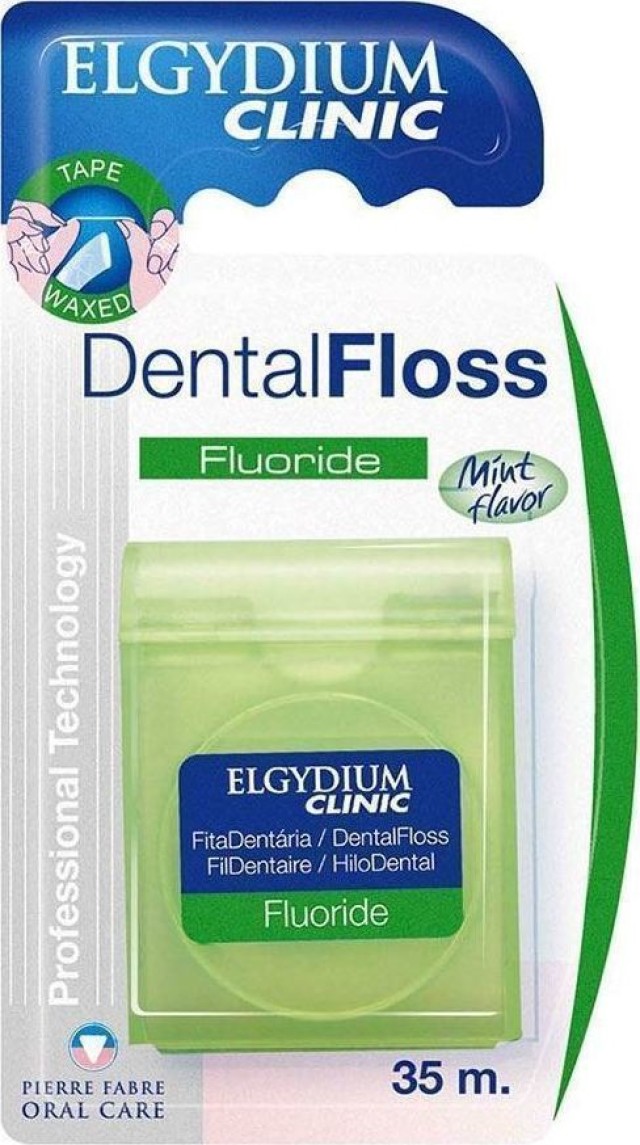 Elgydium Clinic Dental Floss Fluoride Οδοντικό νήμα ελαφρώς κηρωμένο με φθόριο, μήκους 35m, Με γεύση μέντας