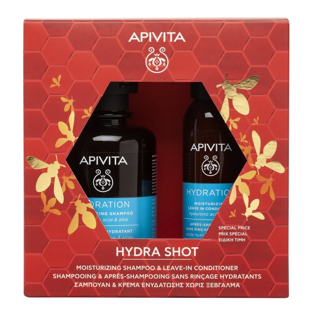 Apivita PROMO Hydra Shot Moisturizing Shampoo with Hyaluronic Acid & Aloe 250ml - No-Rinse Moisturizing Cream 100ml