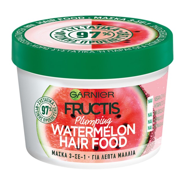 Garnier Fructis Plumping Watermelon Hair Food Vegan Μάσκα Μαλλιών 3 σε 1 για Λεπτά Μαλλιά 390ml
