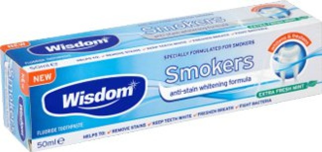 Wisdom οδοντόκρεμα Smokers 50ml, Απομακρύνει την πλάκα, Διατηρεί λευκά τα δόντια απομακρύνοντας τις χρώσεις