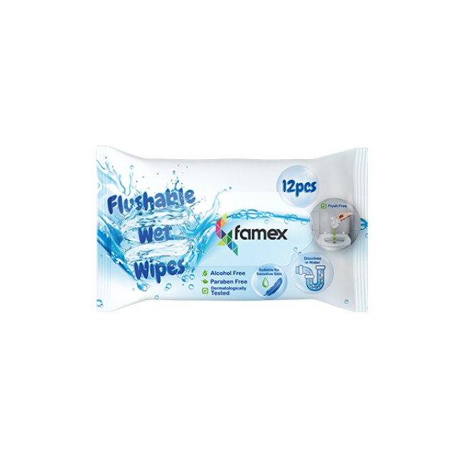Famex Flushable Wet Wipes Υγρά Μαντηλάκια Βιοδιασπώμενα 12 Τεμάχια