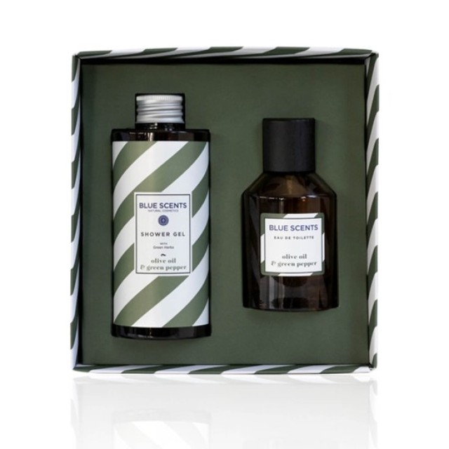 Blue Scents Gift Set Olive Oil & Green Pepper Shower Gel Αφρόλουτρο Σώματος 300ml - Eau De Toilette Ανδρικό Άρωμα 100ml