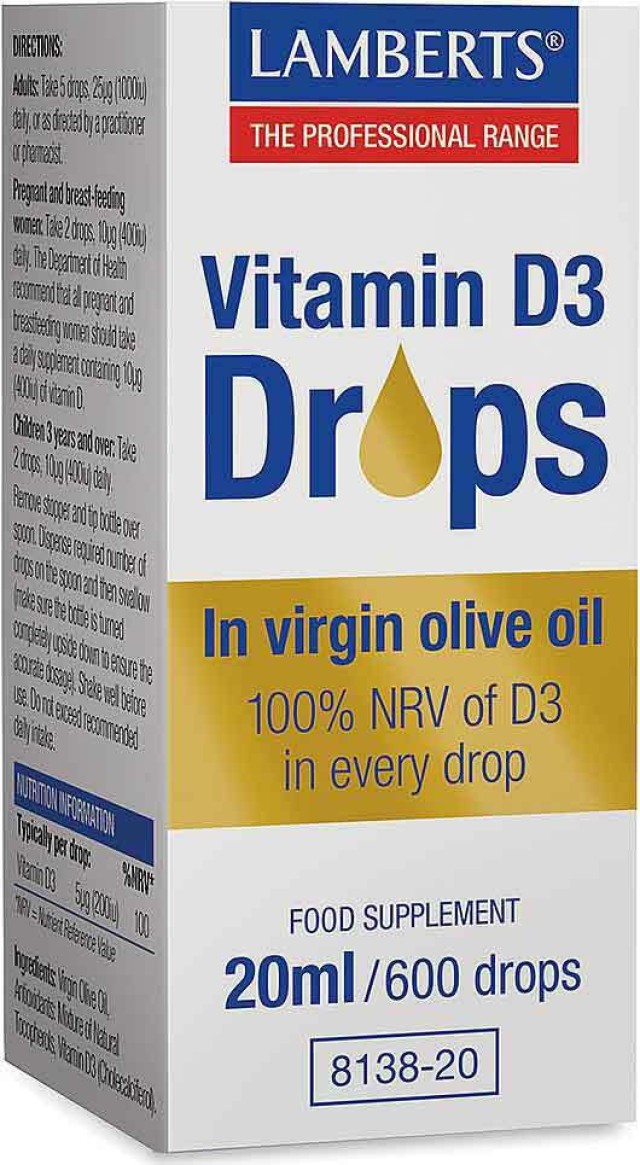 Lamberts Vitamin D3 Drops Συμπλήρωμα Διατροφής Βιταμίνης D3 20ml / 600 &hellip;