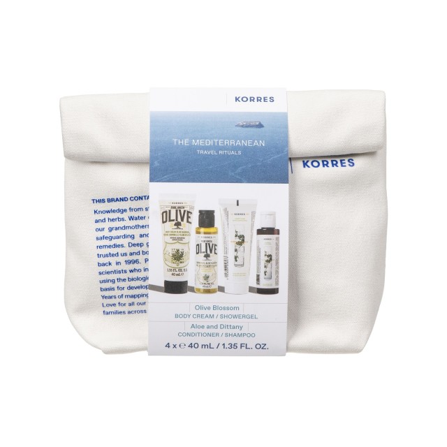 Korres PROMO The Mediterranean Travel Rituals Pure Greek Olive Blossom Αφρόλουτρο 40ml & Body Milk Olive Blossom Κρέμα Σώματος 40ml & Σαμπουάν για Κανονικά Μαλλιά με Αλόη & Δίκταμο 40ml & Μαλακτική Κρέμα Αλοή & Δίκταμο 40ml & ΔΩΡΟ Νεσεσέρ
