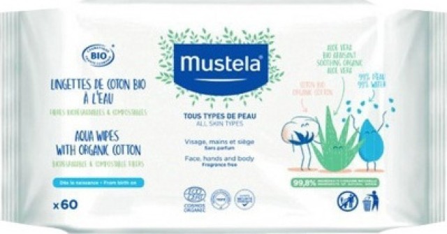 Mustela Organic Cotton Wipes with Water Μαντηλάκια Καθαρισμού 60 Τεμάχια