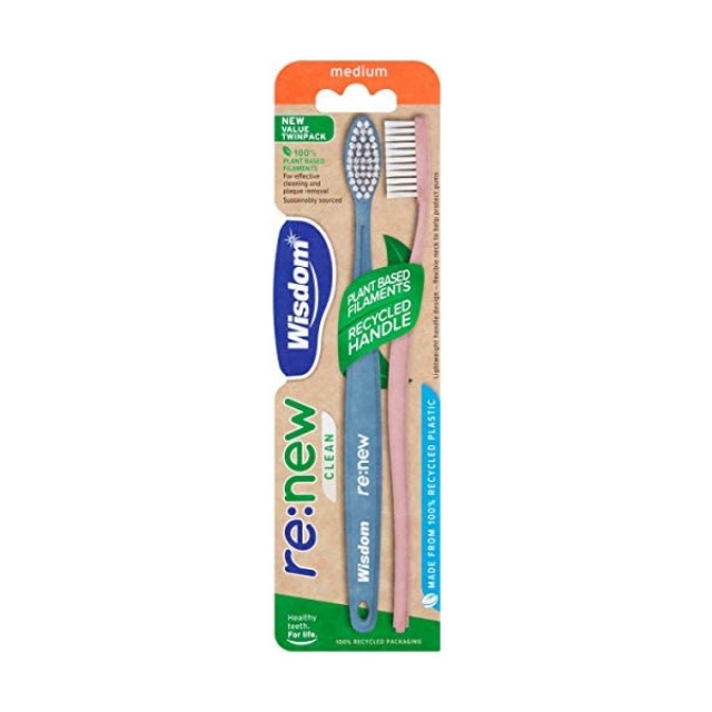 Wisdom Re:new Clean Toothbrush Medium Οδοντόβουρτσα Μέτρια από 100% Ανακυκλωμένο Πλαστικό 2 Τεμάχια