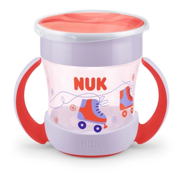 Nuk Mini Magic Cup Εκπαιδευτικό Πλαστικό Ποτηράκι με Χείλος και Καπάκι Μωβ - Κόκκινες Λαβές Roller για 6m+ 160ml [10.751.278]