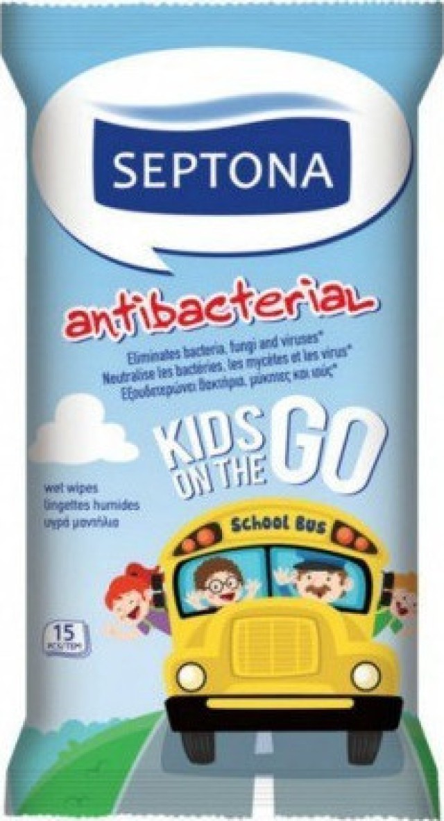 Septona Antibacterial  Kids On The Go Παιδικά Αντιβακτηριακά Μαντηλάκια 15 Τεμάχια