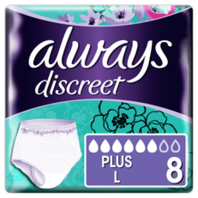 Always Discreet Pants Plus Large Εσώρουχα μίας Χρήσεως για την Ακράτεια 6 Σταγόνες 8 Τεμάχια