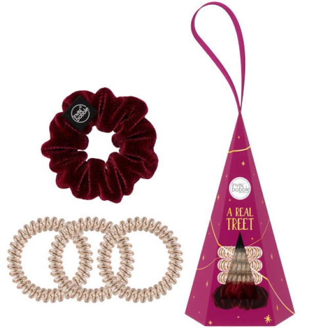 Invisibobble Xmas Tree Set Original Λαστιχάκια Μαλλιών Χρυσό 3 Τεμάχια - Sprunchie Λαστιχάκι Μαλλιών Μπορντό Βελούδινο 1 Τεμάχιο