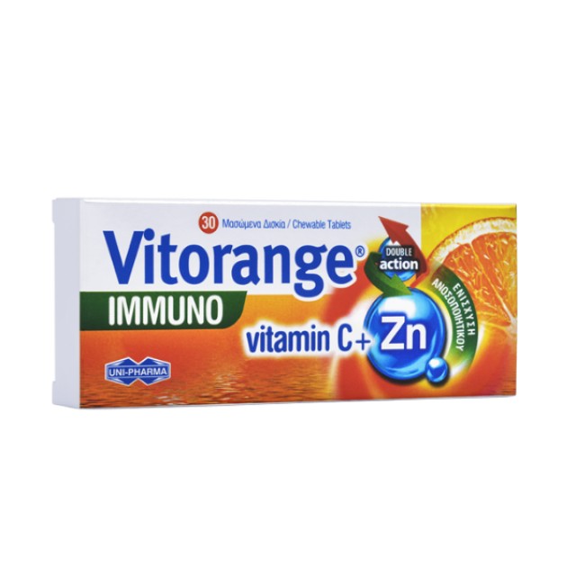 Uni-Pharma Vitorange Immuno C+Zn Συμπλήρωμα Διατροφής με Βιταμίνη C και Ψευδάργυρο για την Ενίσχυση του Ανοσοποιητικού 30 μασώμενες ταμπλέτες