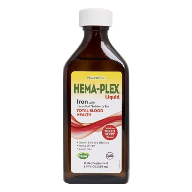 Natures Plus Hema-Plex Liquid Iron Υγρό Συμπλήρωμα Διατροφής Για Το Αιμοποιητικό Σύστημα & Πρόληψη Αναιμίας Με Γεύση Μούρου 250ml
