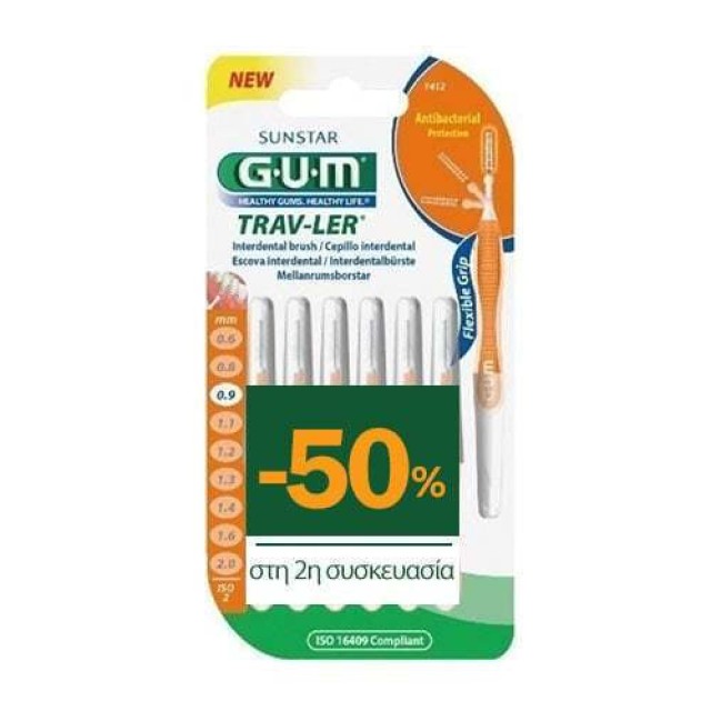 GUM 1412 Trav-Ler Μεσοδόντια Βουρτσάκια 0,9mm Πορτοκαλί 2 Πακέτα x 6 Τ …