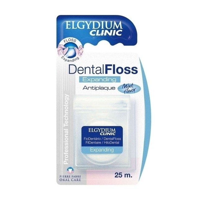 Elgydium Clinic. Dental Floss Antiplaque, Expanding 25m. Mint Flavor : Οδοντικό νήμα τεχνολογίας Riser κατά της πλάκας, ελαφρώς κηρωμένο, μήκους 25m