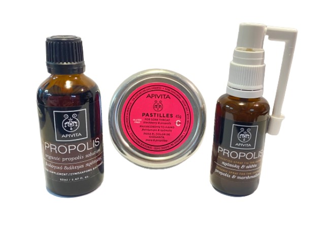 Apivita SET Propolis BIO Βιολογικό Spray για τον Ερεθισμένο Λαιμό με Πρόπολη & Αλθαία 30ml - Propolis Βιολογικό Διάλυμα Πρόπολης 50ml - Παστίλιες Βατόμουρο & Πρόπολη για Πονόλαιμο 45gr