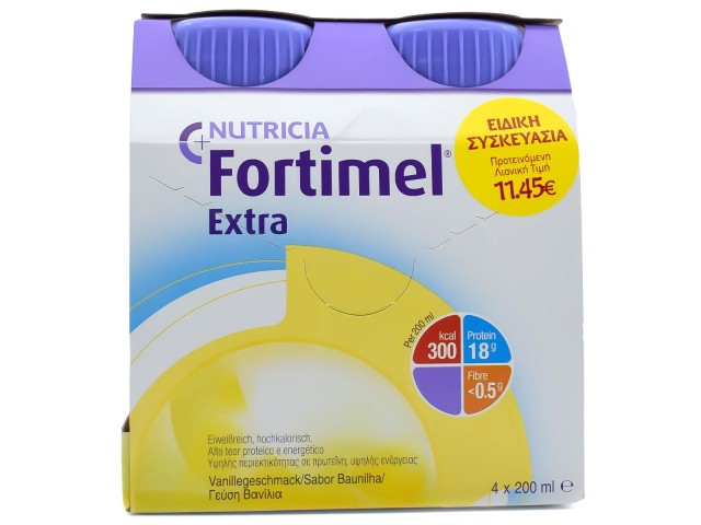 Nutricia Fortimel Extra Θρεπτικό Συμπλήρωμα Διατροφής Πλούσιο σε Πρωτεΐνες με Γεύση Βανίλια 4x200ml [Ειδική Τιμή 11,45€]