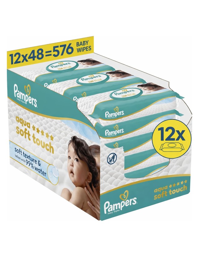 Pampers PROMO Aqua Soft Touch Μωρομάντηλα με 99% Νερό με Καπάκι 576 Τε &hellip;
