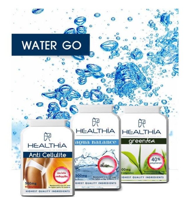 Healthia Bundle [Water Go] Anti Cellulite 500mg Φόρμουλα για την Κυτταρίτιδα 60 Κάψουλες - Aqua Balance 500mg για την Απώλεια των Υγρών στο Σώμα 90 Κάψουλες - Green Tea Extract 500mg για την Απώλεια Βάρους με Πράσινο Τσάι 60 Κάψουλες