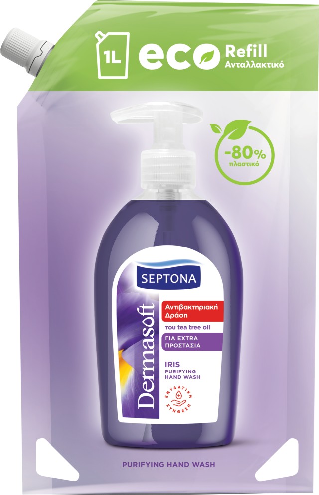 Septona DermaSoft Hand Wash IRIS Refill Υγρό Σαπούνι Χεριών με Αντιβακτηριακή Δράση Ίριδα 1000ml Ανταλλακτικό