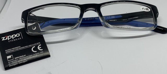Zippo Γυαλιά Πρεσβυωπίας Κοκάλινα Χρώμα:Μαύρο Μπλε Βραχίονες [31Z-091-BLU100] +1.00