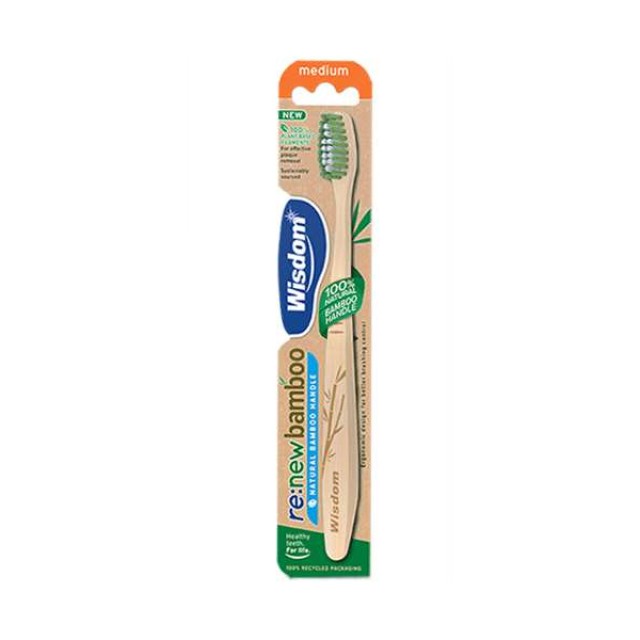 Wisdom Re:new Bamboo Toothbrush Οδοντόβουρτσα Μέτρια με Λαβή από 100% Φυσικό Μπαμπού 1 Τεμάχιο