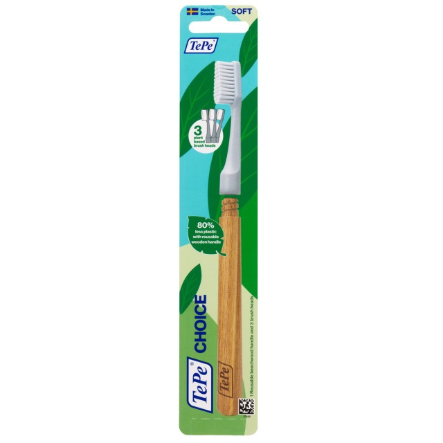 TePe Choice Soft Οδοντόβουρτσα Μαλακή με Επαναχρησιμοποιήσιμη Ξύλινη Λαβή Γκρι 1 Τεμάχιο + 3 Ανταλλακτικές Λαβές