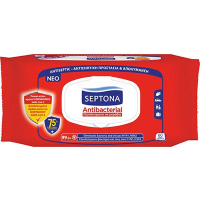 Septona Antibacterial Υγρά Αντιβακτηριακά Μαντηλάκια Χεριών με 75% Αλκοόλη 60 Τεμάχια