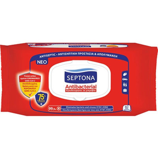 Septona Antibacterial Υγρά Αντιβακτηριακά Μαντηλάκια Χεριών με 75% Αλκ …