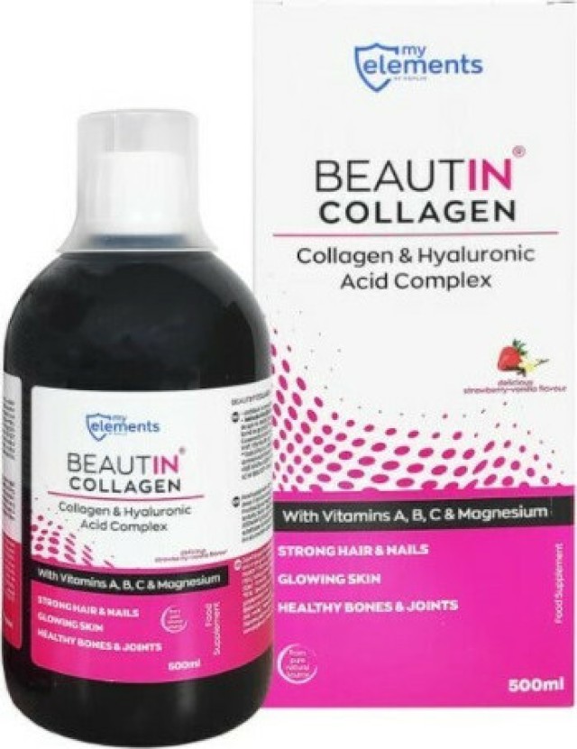 My Elements Beautin Collagen, Συμπλήρωμα Διατροφής με Υδρολυμένο Κολλαγόνο,Υαλουρονικό Οξύ, Βιταμίνες & Μέταλλα Γεύση Φράουλα - Βανίλια 500ml