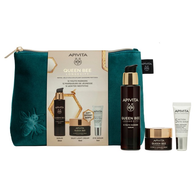Apivita PROMO Queen Bee Longevity Serum 12 Δείκτες Νεότητας Ορός Βασιλικού Πολτού 30ml & 12 Δείκτες Νεότητας Μεταξένια Ελαφριά Κρέμα Royal Jelly-IR & CR 15ml & 5 Action Eye Serum Ορός Ματιών 5ml & Νεσεσέρ Apivita PROMO Queen Bee Longevity Serum 12 Δείκτες Νεότητας Ορός …