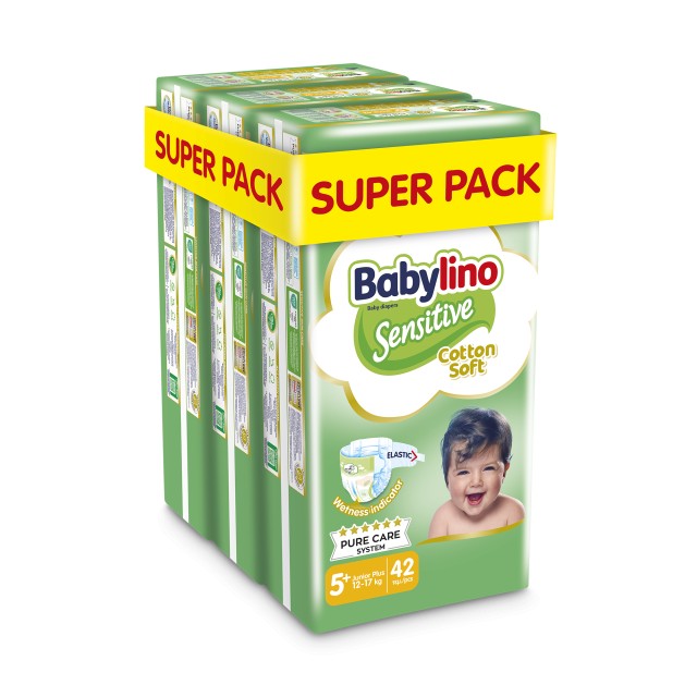 Πάνες Babylino Sensitive Cotton Soft No5+ [12-17kg] Super Pack 126 Πάνες [3 Πακέτα x 42 Τεμάχια]