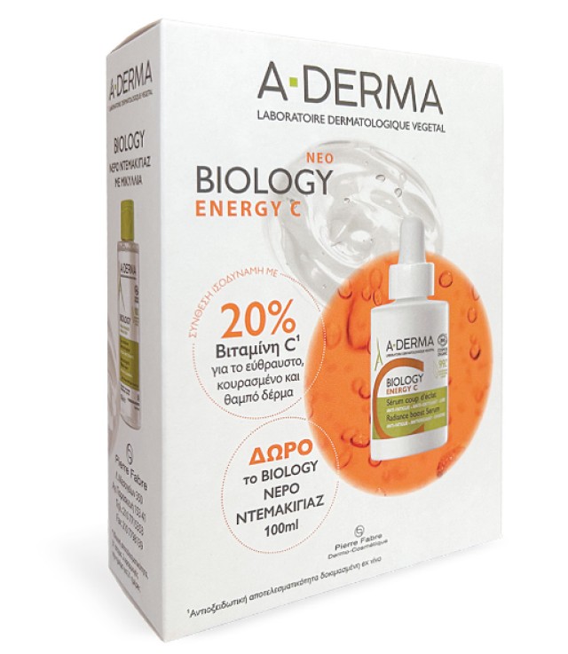A-Derma PROMO Biology Energy C Serum Ορός Ενίσχυσης Λάμψης Προσώπου 30ml - ΔΩΡΟ Biology Eau Micellaire Water Hydra Cleansing Νερό Καθαρισμού - Ντεμακιγιάζ Προσώπου και Ματιών 100ml