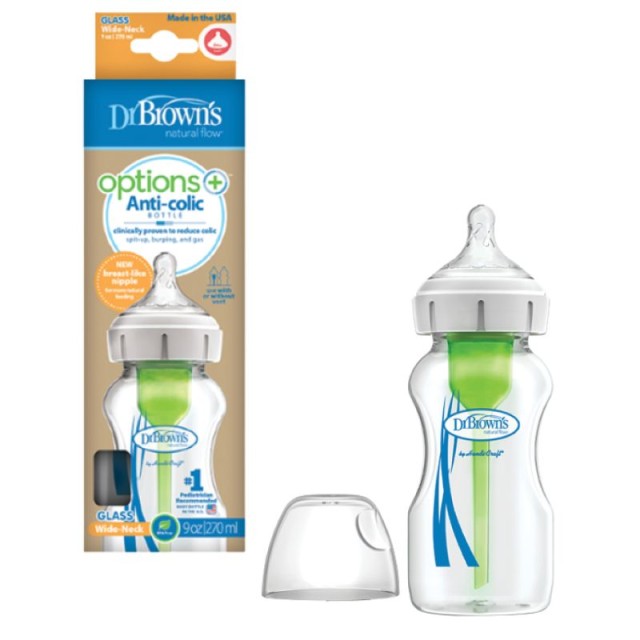 Dr Browns Anti-Colic Options+ Γυάλινο Μπιμπερό με Φαρδύ Λαιμό & Θηλή Σ …