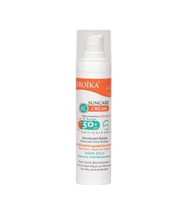 Froika AC Suncare Cream SPF 50+ Water Resistant Αντηλιακή Κρέμα Προσώπου Για Λιπαρό Δέρμα Με Τάση Ακμής - 40ml