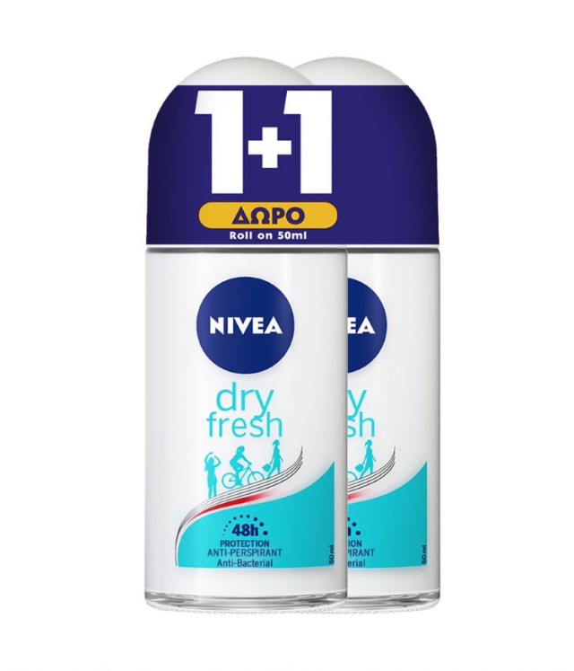 Nivea PROMO Dry Fresh Deodorant Anti Persipirant Γυναικείο Αποσμητικό Roll-οn 48ωρης Προστασίας 2x50ml 1+1 ΔΩΡΟ